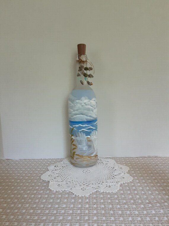 Hand Painted Frosted Wine Bottle. Beach Theme. Lights Up. Etsy