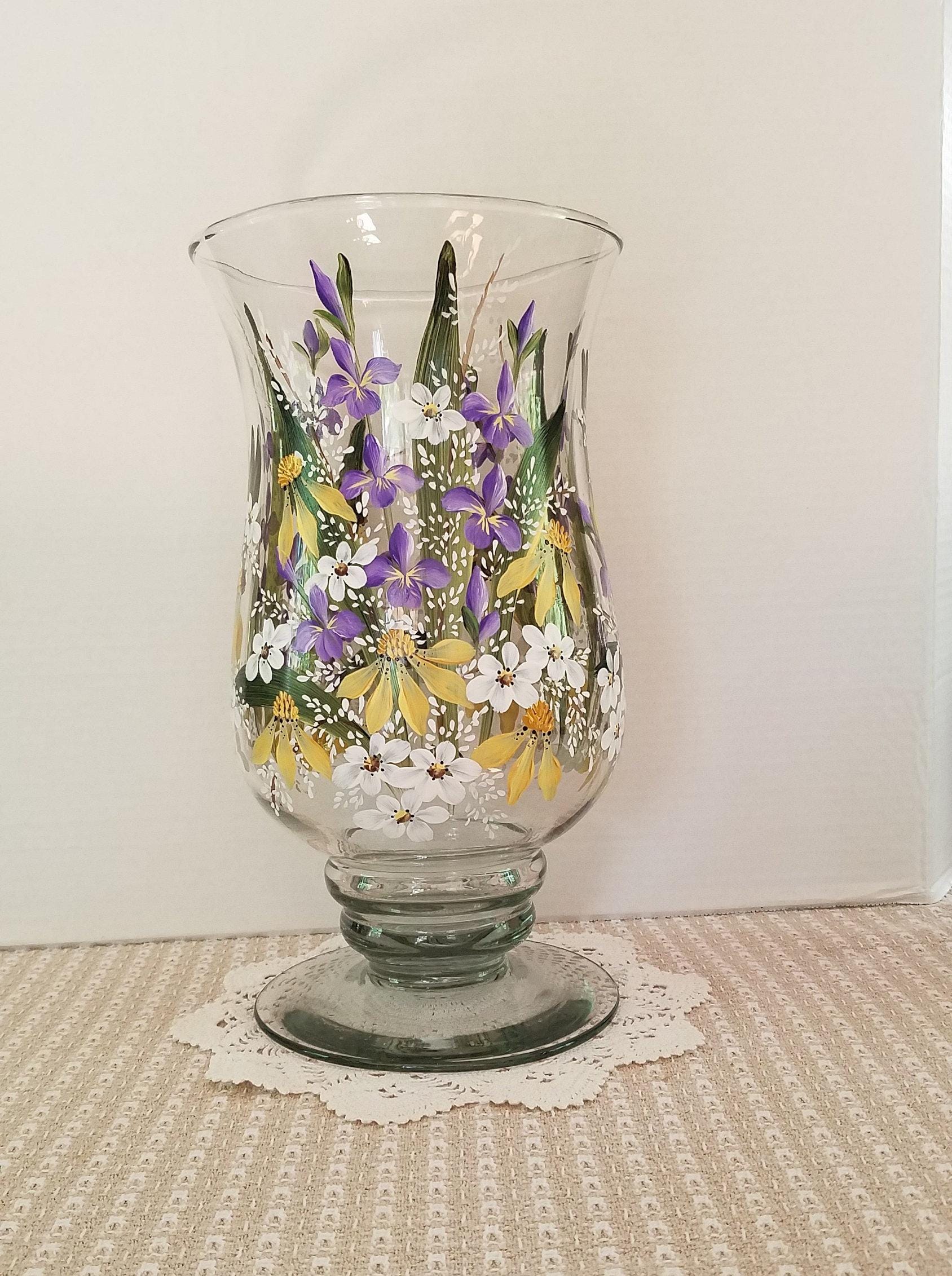 Large Glass Pedestal Style Vase. Hand Painted. Purple, Yellow and