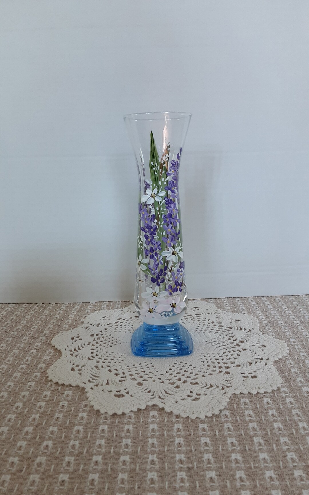 Hand Painted Glass Bud Vase. Clear Vase With Light Blue Square Base