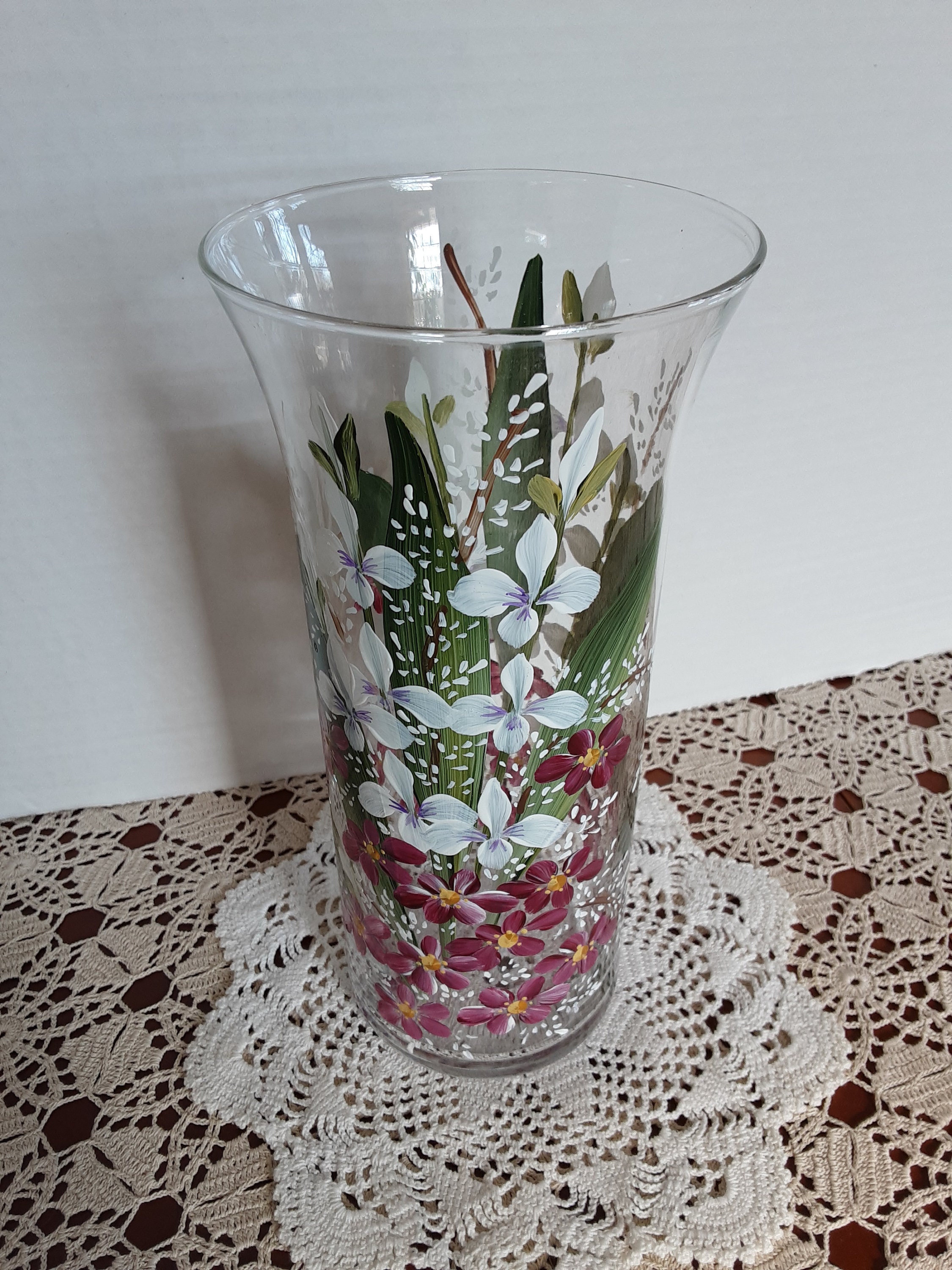 Hand Painted Glass Vase. White and Berry Wine Garden Flowers. Etsy