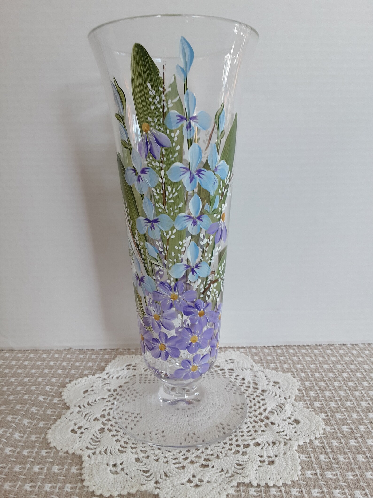 Hand painted vase. Pedestal style. Purple white and blue Etsy