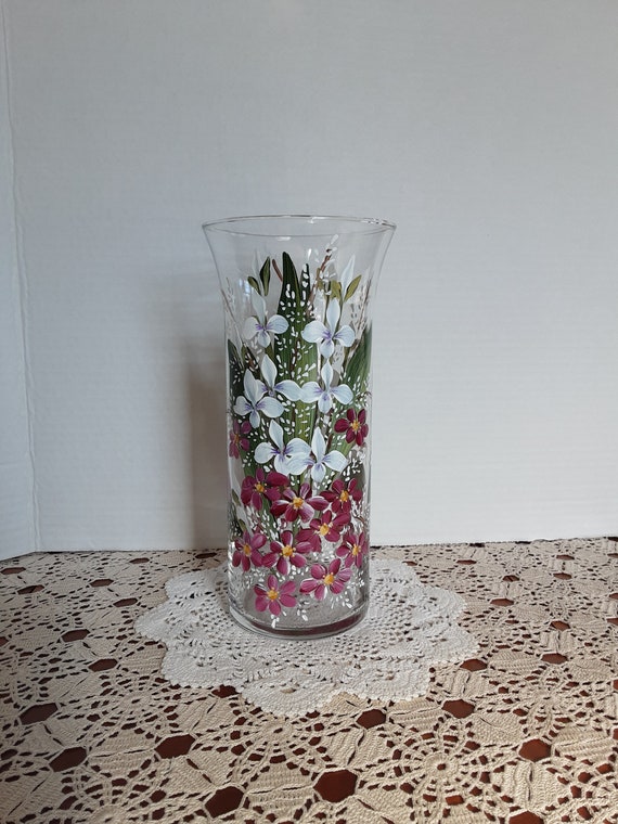 Hand Painted Glass Vase. White and Berry Wine Garden Flowers. Etsy