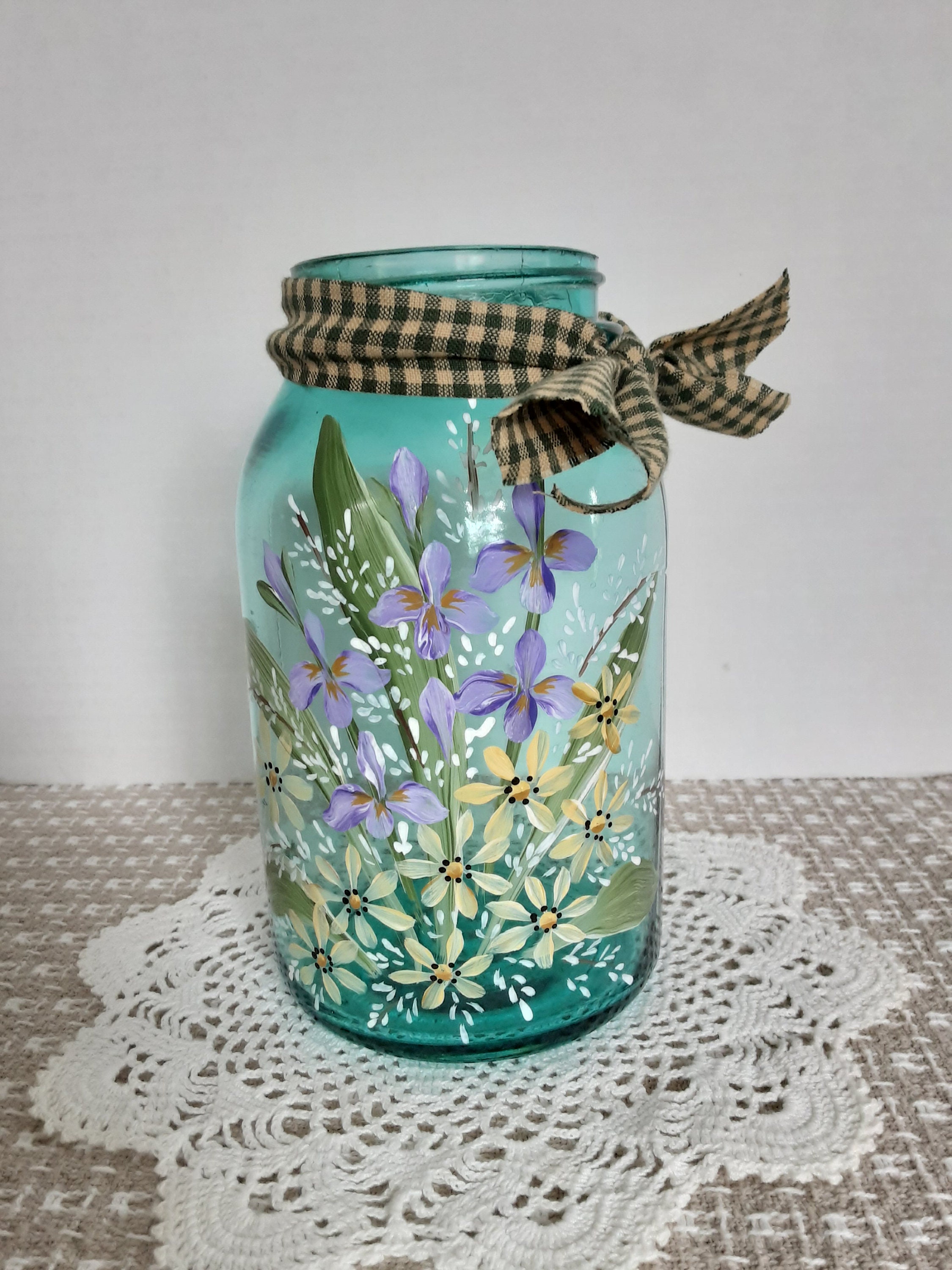 Hand painted antique blue quart canning jar. No Lid. Purple Etsy