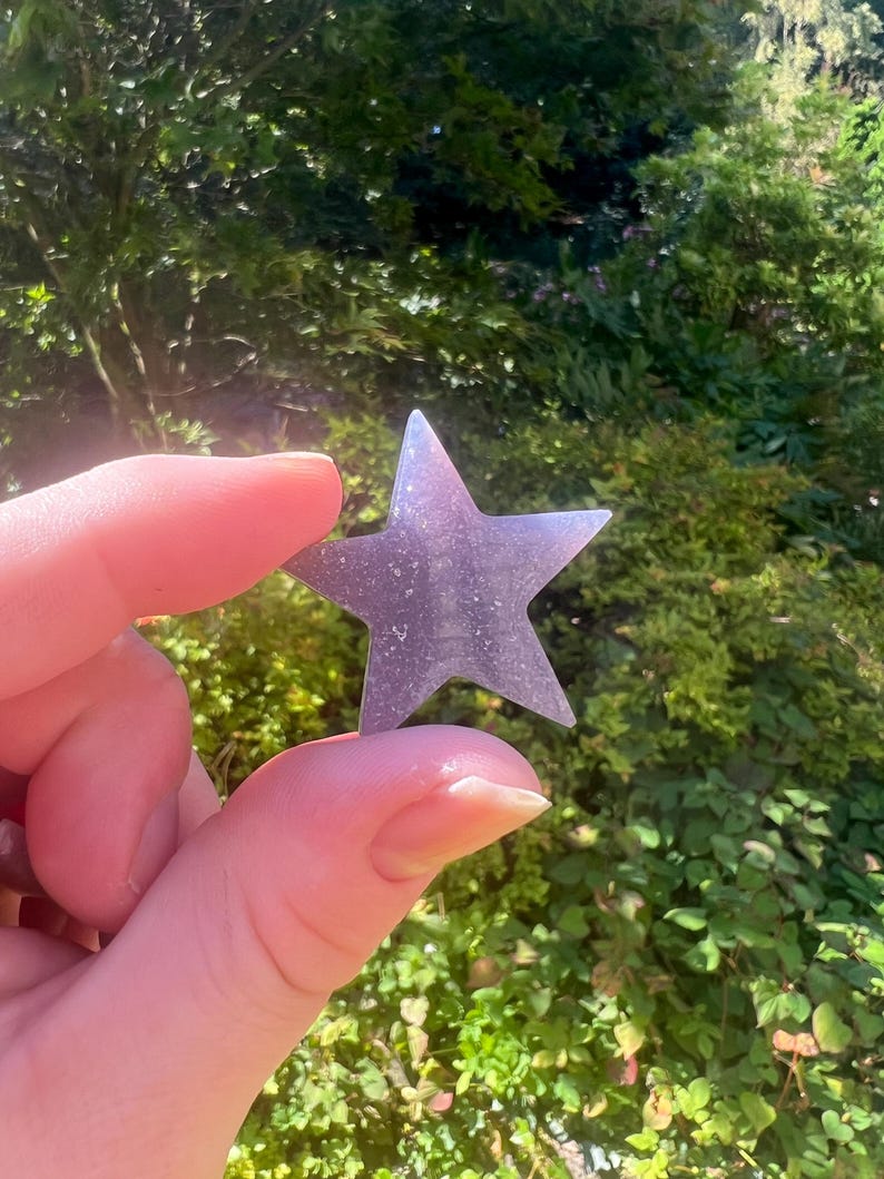 May include: A sparkly, iridescent purple star-shaped ornament. The star is made of a clear material with a glittery finish.