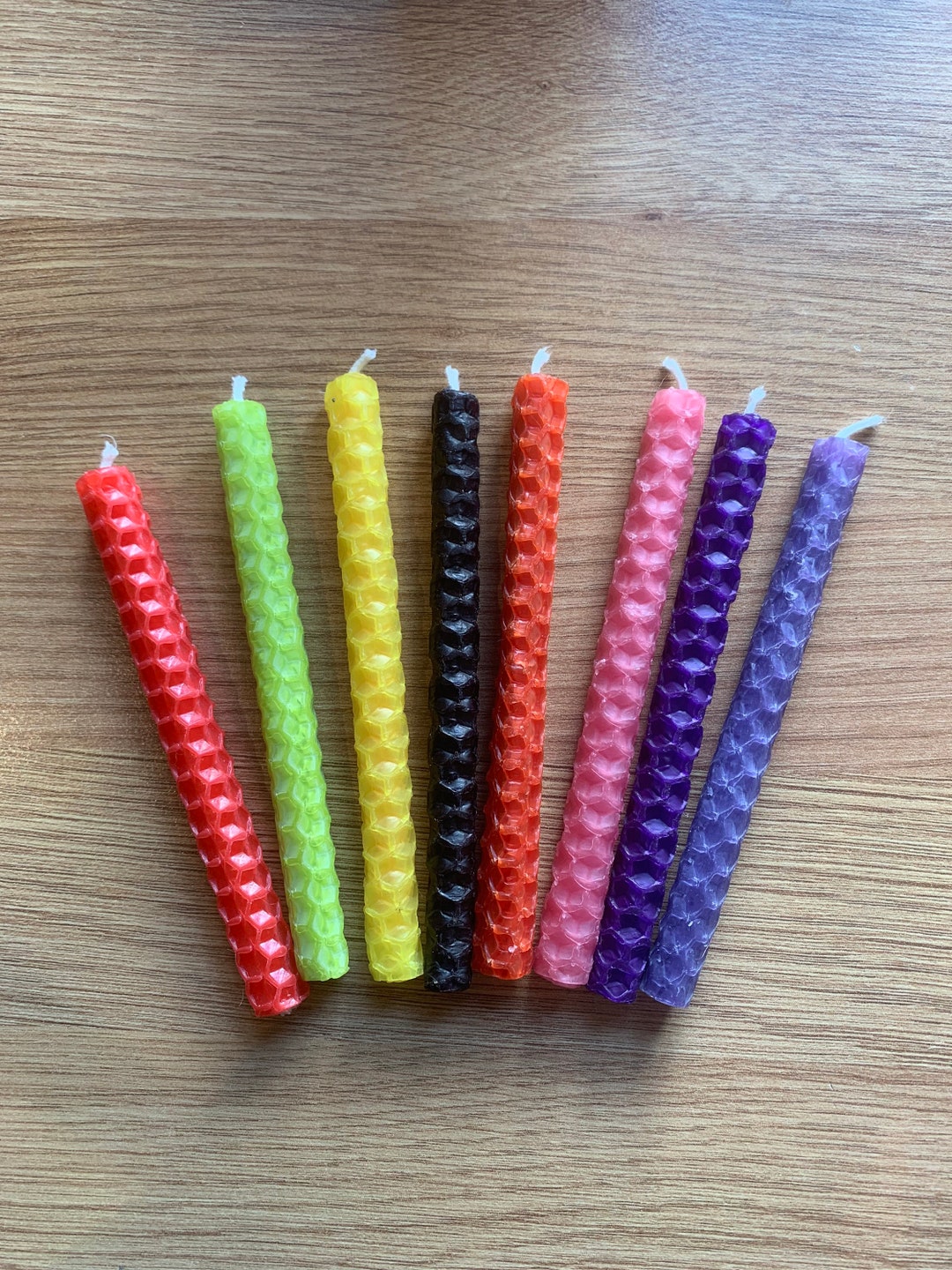 8 X Hand Rolled Beeswax Birthday Candles, Mini Spell Candles