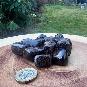 May include: A collection of tumbled dark red and black garnet stones. The stones are smooth and polished, and they are arranged in a pile on a wooden surface.