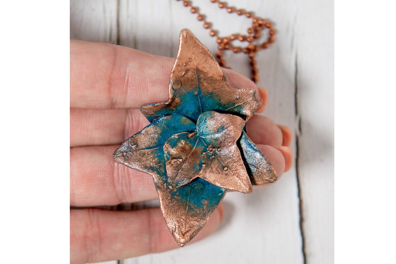 jewelry necklace on the neck,branch of ivy, Copper jewelry pendant ivy leaf with a turquoise patina for a gift to a woman