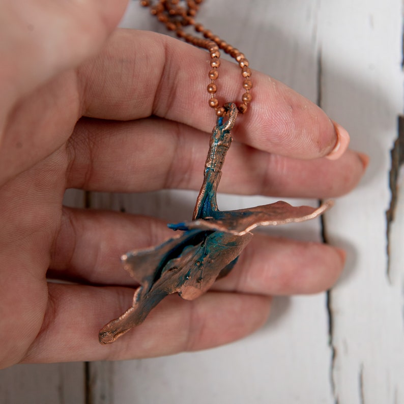 jewelry necklace on the neck,branch of ivy, Copper jewelry pendant ivy leaf with a turquoise patina for a gift to a woman