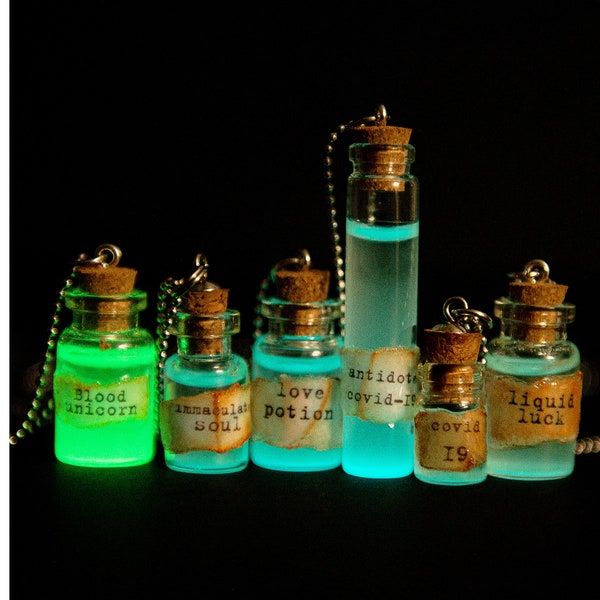 Collier de bouteille Lumos brillante,Glow in the Dark Lumos Light,Collier de bouteille en verre,bouteille de potion,pendentif magique,bouteille magique,antidote covid-19