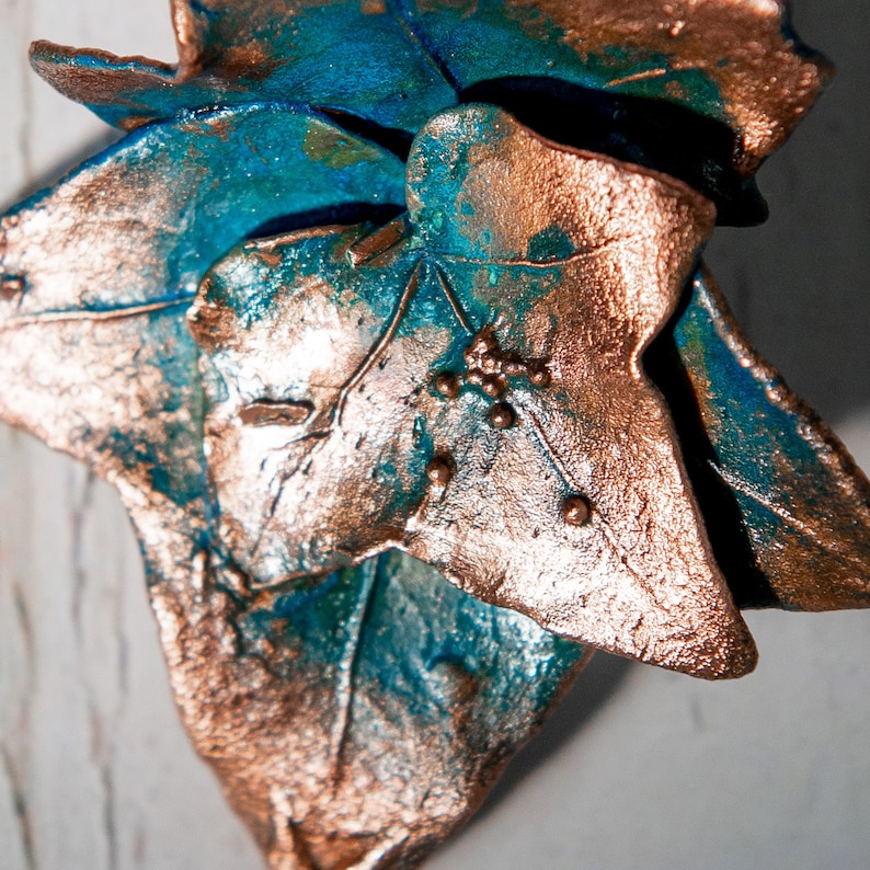 jewelry necklace on the neck,branch of ivy, Copper jewelry pendant ivy leaf with a turquoise patina for a gift to a woman