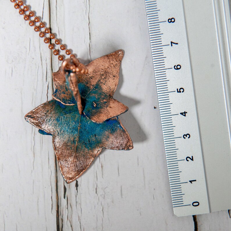 jewelry necklace on the neck,branch of ivy, Copper jewelry pendant ivy leaf with a turquoise patina for a gift to a woman