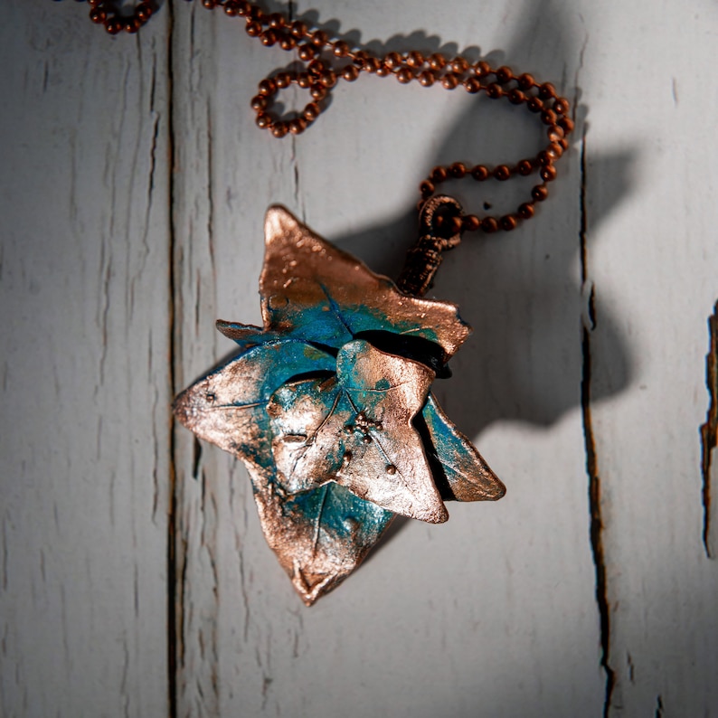 jewelry necklace on the neck,branch of ivy, Copper jewelry pendant ivy leaf with a turquoise patina for a gift to a woman