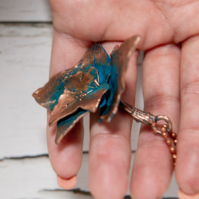 jewelry necklace on the neck,branch of ivy, Copper jewelry pendant ivy leaf with a turquoise patina for a gift to a woman
