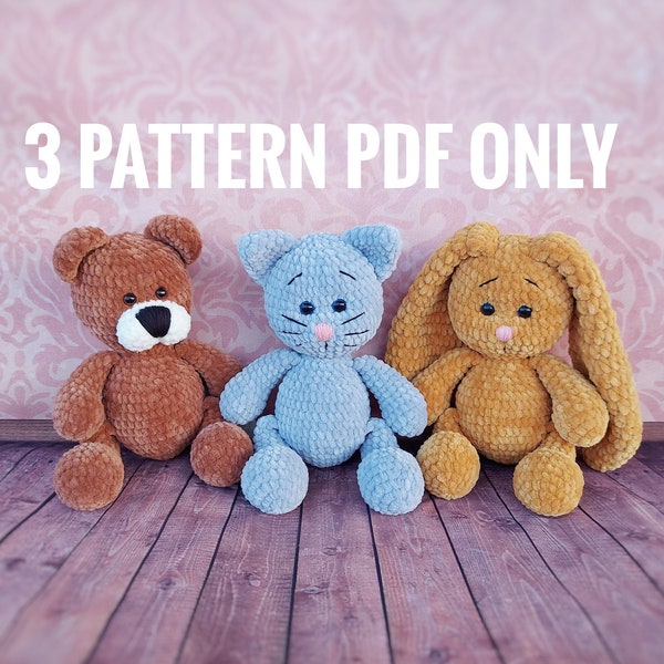 Crochet Bunny, bear and cat toy pattern, Amigurumi Patterns, seamless crocheted kitten instructions, baby shower, birthday gift, diy present