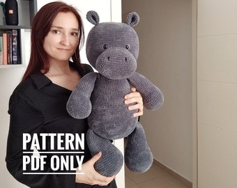 PDF plushie big hippo Crochet Pattern, big hippopotamus Crochet Pattern, big hippo Amigurumi Pattern (English),Easy Amigurumi Animal Pattern