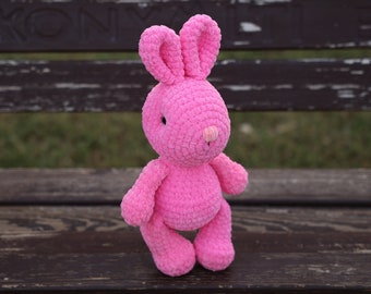 Crochet pink bunny toy decor, bunny gift for children, Crochet pink plush personalized bunny with long ears