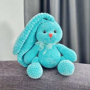 Crochet Blue Bunny Toy, Soft Plush Bunny Gift for Baby, Handmade Easter Rabbit, Stuffed Animal for Nursery, Hypoallergenic Bunny