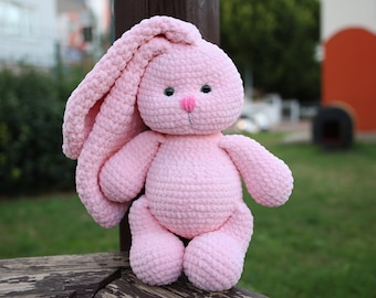 Crochet pink bunny toy decor, bunny gift for children, Crochet pink plush personalized bunny with long ears