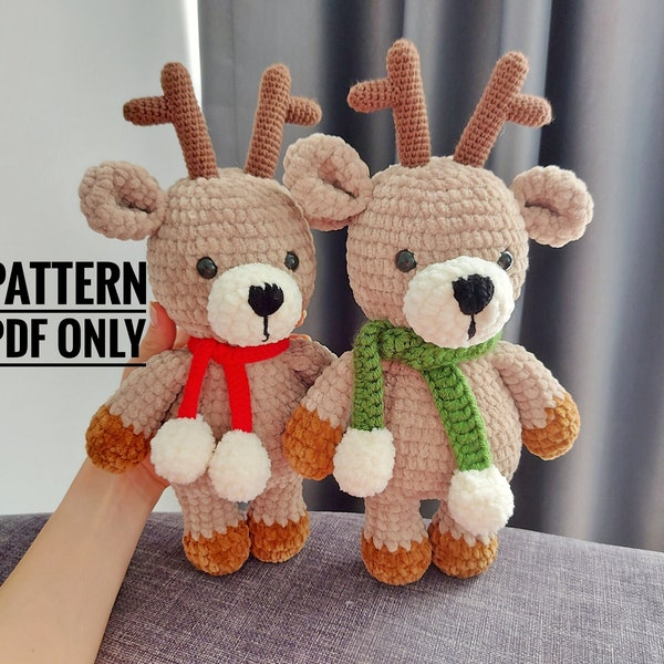 crochet deer in red scarf pattern, Christmas deer toy patern, Christmas decor, charm Christmas, Christmas gift for baby, gift for teachers