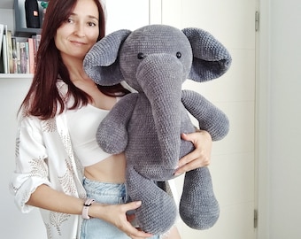 Crochet pillow big grey elephant, pillow big elephant home decor, hand made pillows, Gift for boyfriends