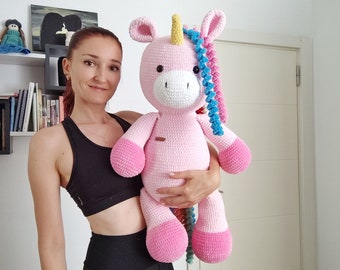 Crochet big pink house - unicorn pillow, big horse decor, Amigurumi toys, Crochet unicorn