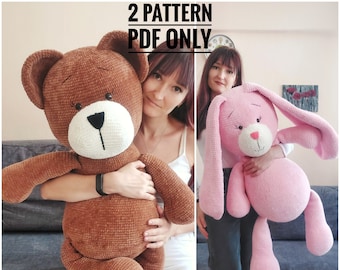 Crochet big bear and big bunny pillow pattern, big bear pattern, Amigurumi pattern for beginner, Crochet bunny tutorial