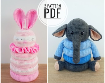 Crochet Stacking Toy Pattern – Elephant & Bunny Amigurumi Rings, Montessori Baby PDF Tutorial