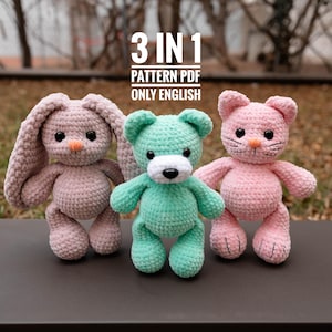 Crochet Bunny, bear and cat toy pattern, Amigurumi Patterns, seamless crocheted kitten instructions, baby shower, birthday gift, diy present