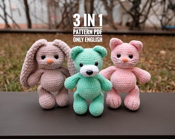 Virkad katt, kanin och björn amigurumi-mönsterset (PDF)