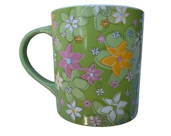 Starbucks Coffee 2005 Floral Mug Lime Green Pink Orange Flower Ceramic 12oz E2