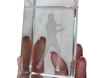 Vintage 3D Laser Etched Crystal Glass Tennis Player Paperweight Sports Decor C2