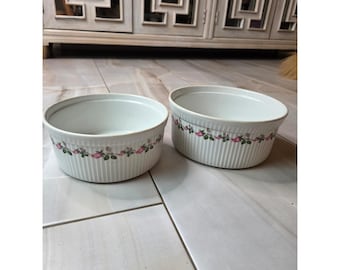 Juego de 2 platos de porcelana Apilco France Rose Floral Soufflé Chamart White Ribbed de 8.5 pulgadas.