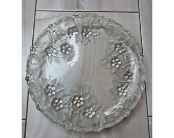 Vintage frostat klart glas blommigt präglad rund serveringsfat 30 cm E1