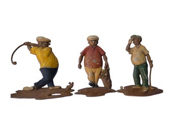 Vintage Cast Iron Golfer Figurines Set of 3 Hand Painted Golf Statues Decor