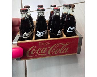 Vintage Coca-Cola Miniature Glass Bottles Set of 8 with Wooden Crate Display A6