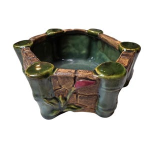 Vintage Keramik Bambus Stein Pflanzer Chinesisches Schriftzeichen Reichtum Grün Braun Topf A3