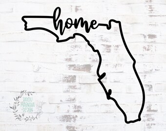 May include: Black and white outline of the state of Florida with the word "home" written in cursive across the state.