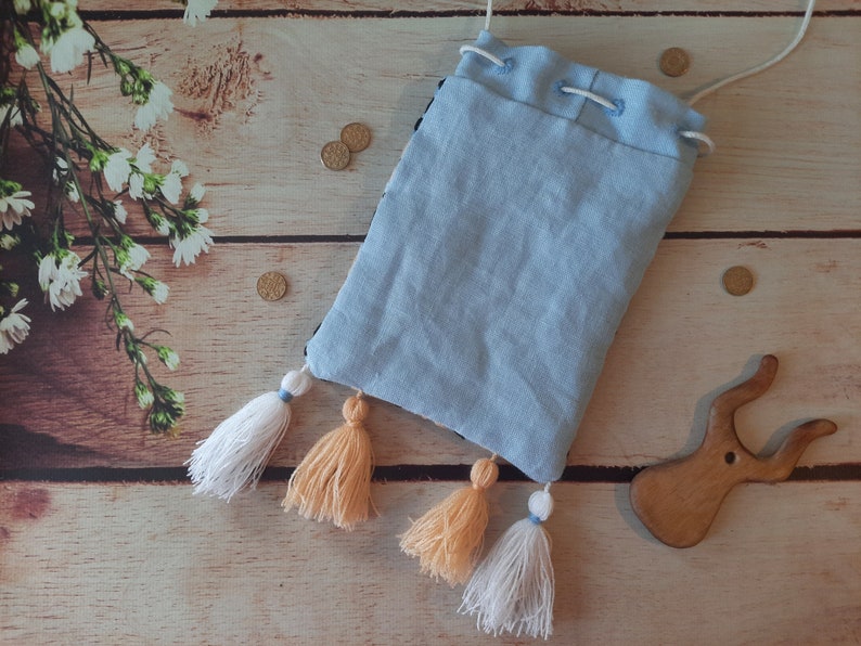 Embroidered medieval coin purse with tassels larp sca aumoniere for reenactment