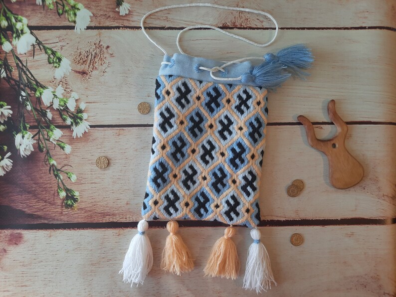 Embroidered medieval coin purse with tassels larp sca aumoniere for reenactment