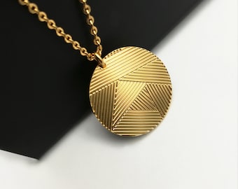 Chain and graphic medal pendant PLEATS Gold plated 24k fine gold or silver plated with sterling silver chain