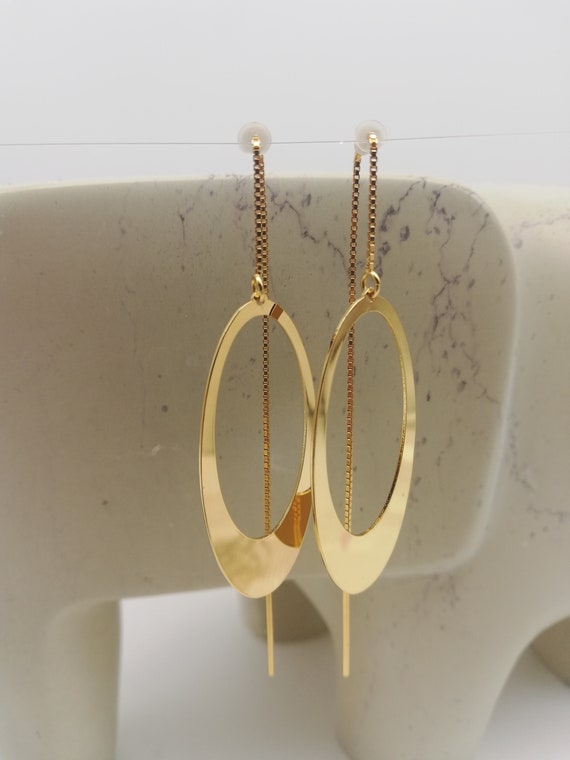 Boucles d'oreilles Ovales chaîne traversante et pendant ELLIPSE avec chaîne en argent 925 dorée à l'or fin 24 carats Oval threaders