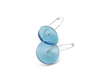 Light transparent acrylic disc with 925 sterling silver hoops earrings, elegant minimalist design