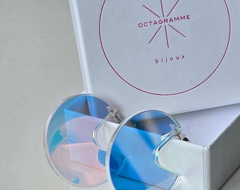 Iridescent acrylic holographic circular hoops Radiant rainbow earrings with sterling ear post