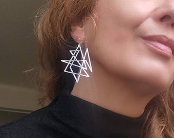 Pendant graphic Earrings triangular shape with crossed lines, Gold plated 24k fine gold or silver plated earrings Statement earrings