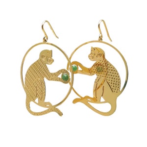 Dangle MONKEY earrings holding a bead stone, Gold plated 24k fine gold or silver plated