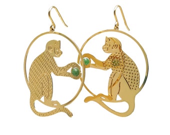 Dangle MONKEY earrings holding a bead stone, Gold plated 24k fine gold or silver plated
