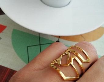 Large open adjustable ring STIJL Gold-plated 24k 3 microns or silver plated Architectural ring