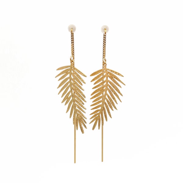 Ohrketten mit PALMES-Palmblatt-Anhänger, fein graviert, Gold oder Silber, feine, leichte und leuchtende Ohrringe