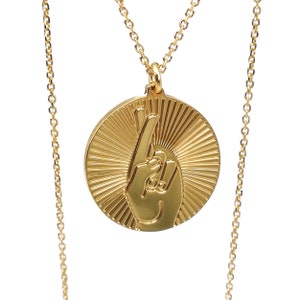 Lucky medallion Necklace dicc with engraved fingers crossed  Gold plated 24k fine gold or silver plated