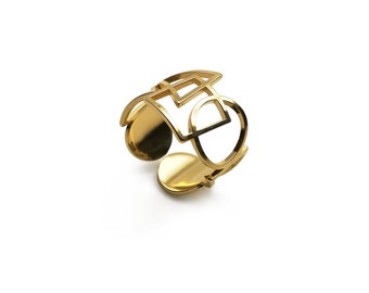 BAUHAUS ring with circle triangle an square shape,  ajustable band ring   Gold plated 24k 3 microns or silver plated